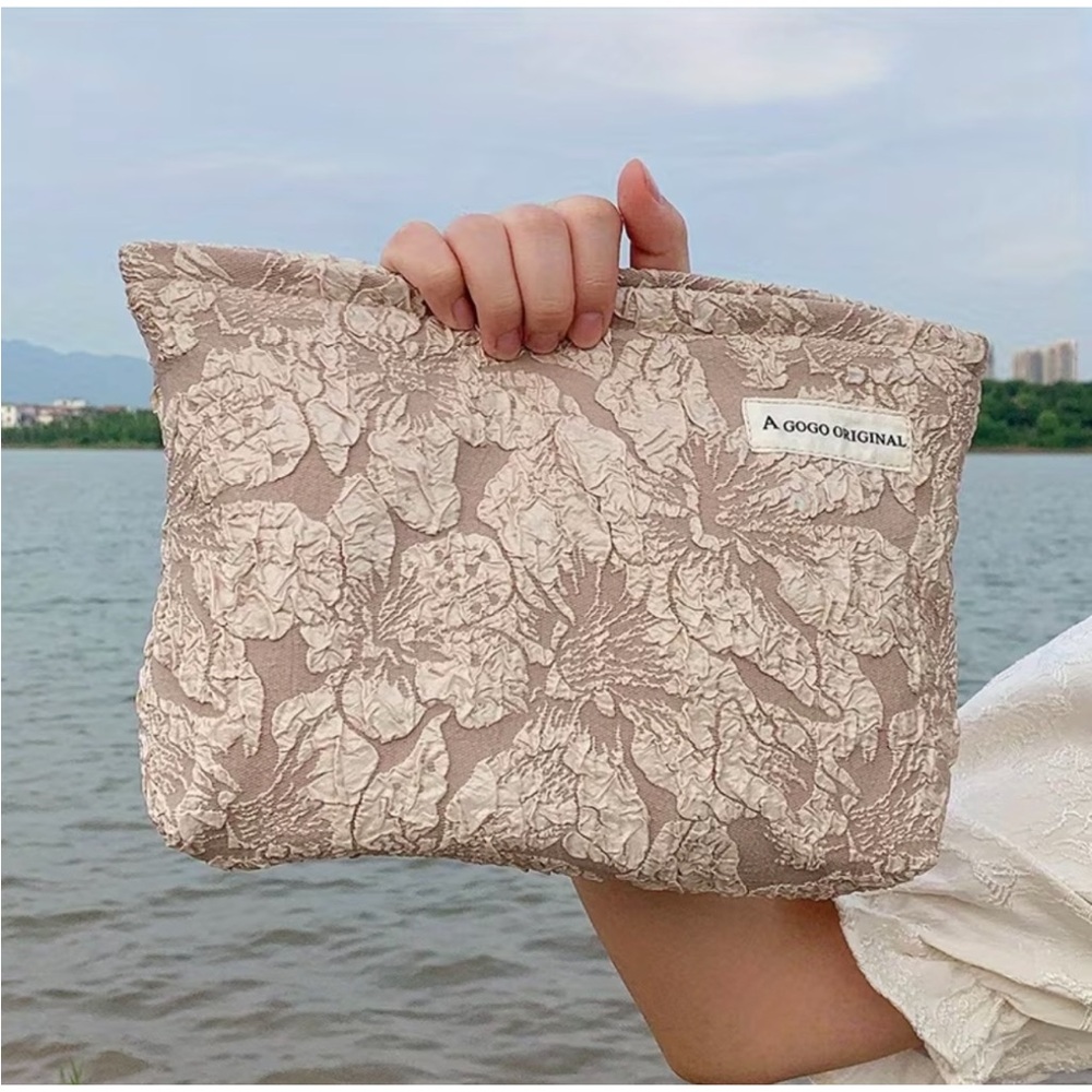 Textured Floral Print Makeup Bag Embossed, Jacquard-Style Floral Pattern Taupe - Picture 2 of 8